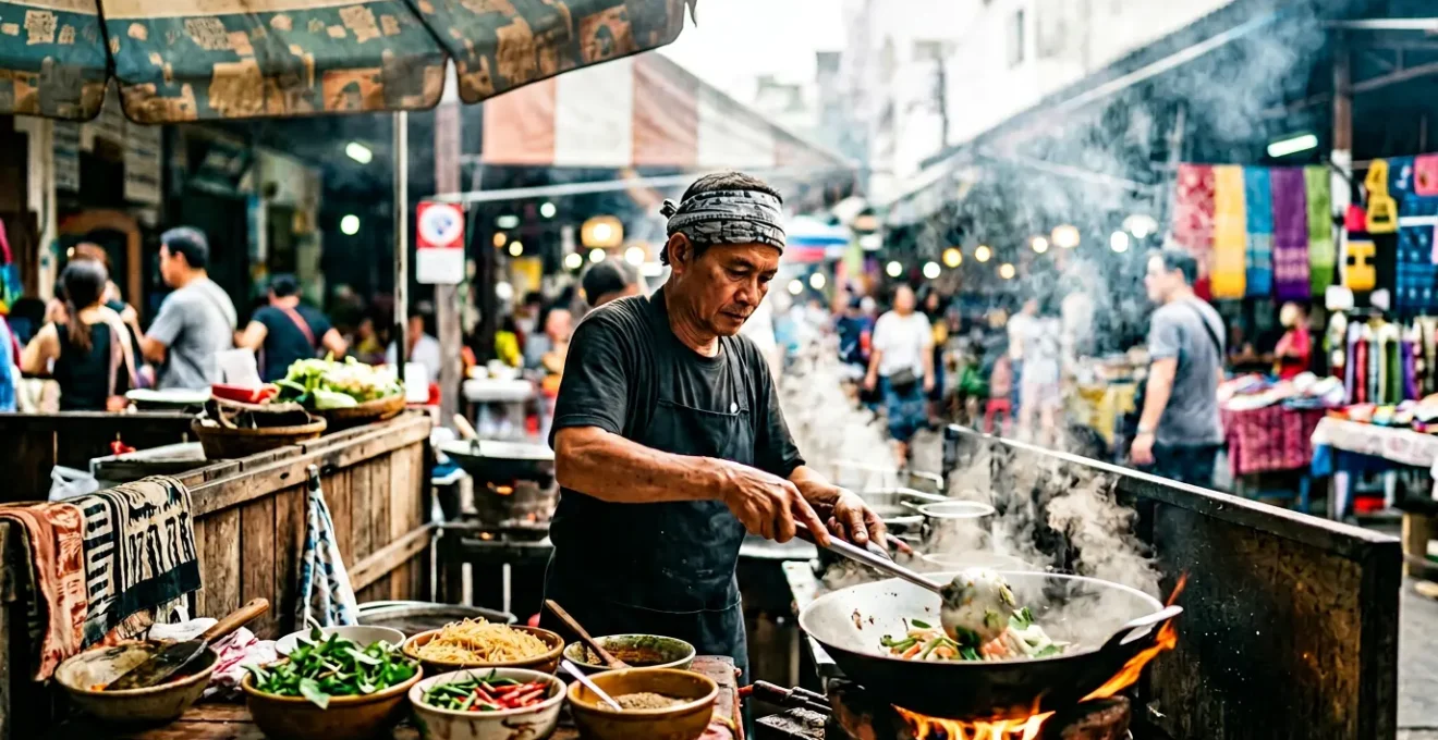 Lebendige Straßenküche mit authentischen Garküchen, dampfende Woks und frische Zutaten in traditioneller Zubereitung