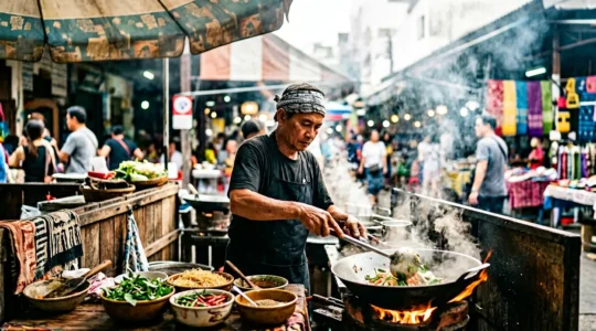 Lebendige Straßenküche mit authentischen Garküchen, dampfende Woks und frische Zutaten in traditioneller Zubereitung