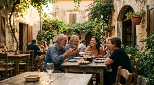 Rustikale mediterrane Taverne mit Einheimischen und authentischer Atmosphäre