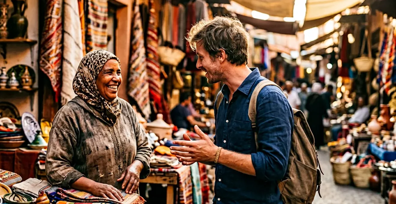 Zwei Personen verschiedener Kulturen im tiefgehenden Gespräch an einem lokalen Marktstand