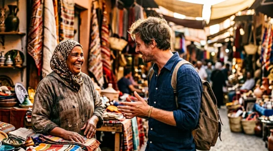 Zwei Personen verschiedener Kulturen im tiefgehenden Gespräch an einem lokalen Marktstand