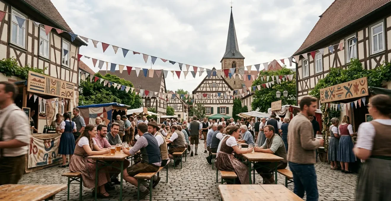 Szene eines authentischen deutschen Dorffestes mit Einheimischen in traditioneller Atmosphäre