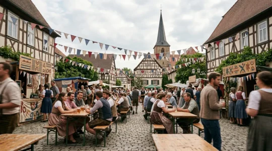 Szene eines authentischen deutschen Dorffestes mit Einheimischen in traditioneller Atmosphäre