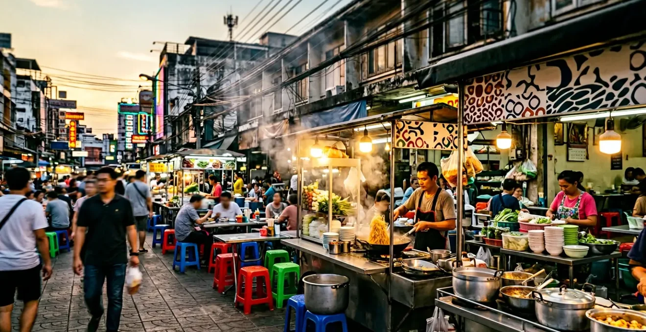 Geschäftige Bangkok Straßenküche mit dampfenden Woks und frischen Zutaten bei goldenem Abendlicht