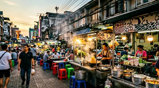 Geschäftige Bangkok Straßenküche mit dampfenden Woks und frischen Zutaten bei goldenem Abendlicht