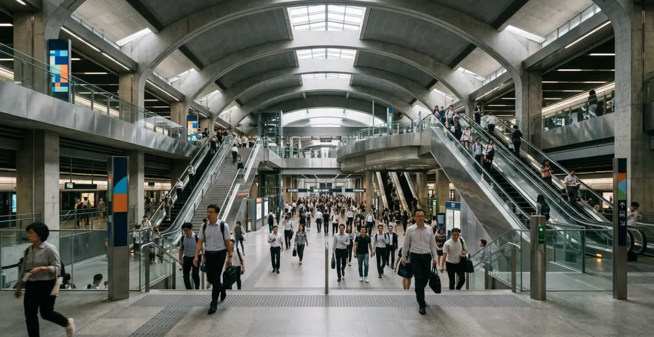Überfüllte U-Bahn-Station in einer asiatischen Megastadt während der Stoßzeit mit Pendlern und mehrsprachigen Wegweisern