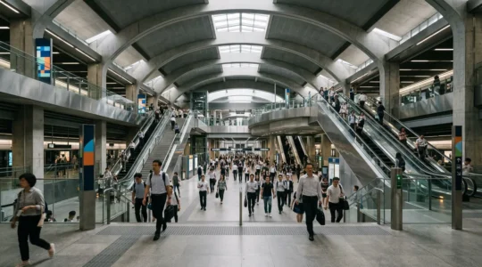 Überfüllte U-Bahn-Station in einer asiatischen Megastadt während der Stoßzeit mit Pendlern und mehrsprachigen Wegweisern