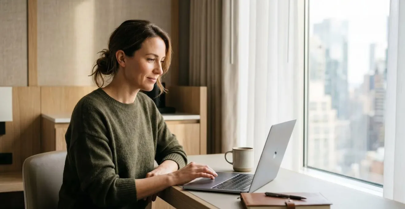 Geschäftsreisender bei der Arbeit im modernen Hotelzimmer mit ausgewogener Work-Life-Balance