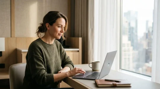Geschäftsreisender bei der Arbeit im modernen Hotelzimmer mit ausgewogener Work-Life-Balance