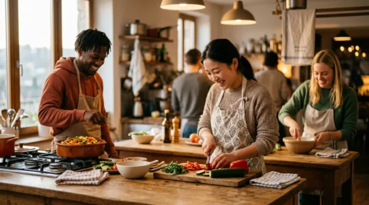Lebendige Gemeinschaftsküche in einem Hostel mit internationalen Reisenden beim gemeinsamen Kochen