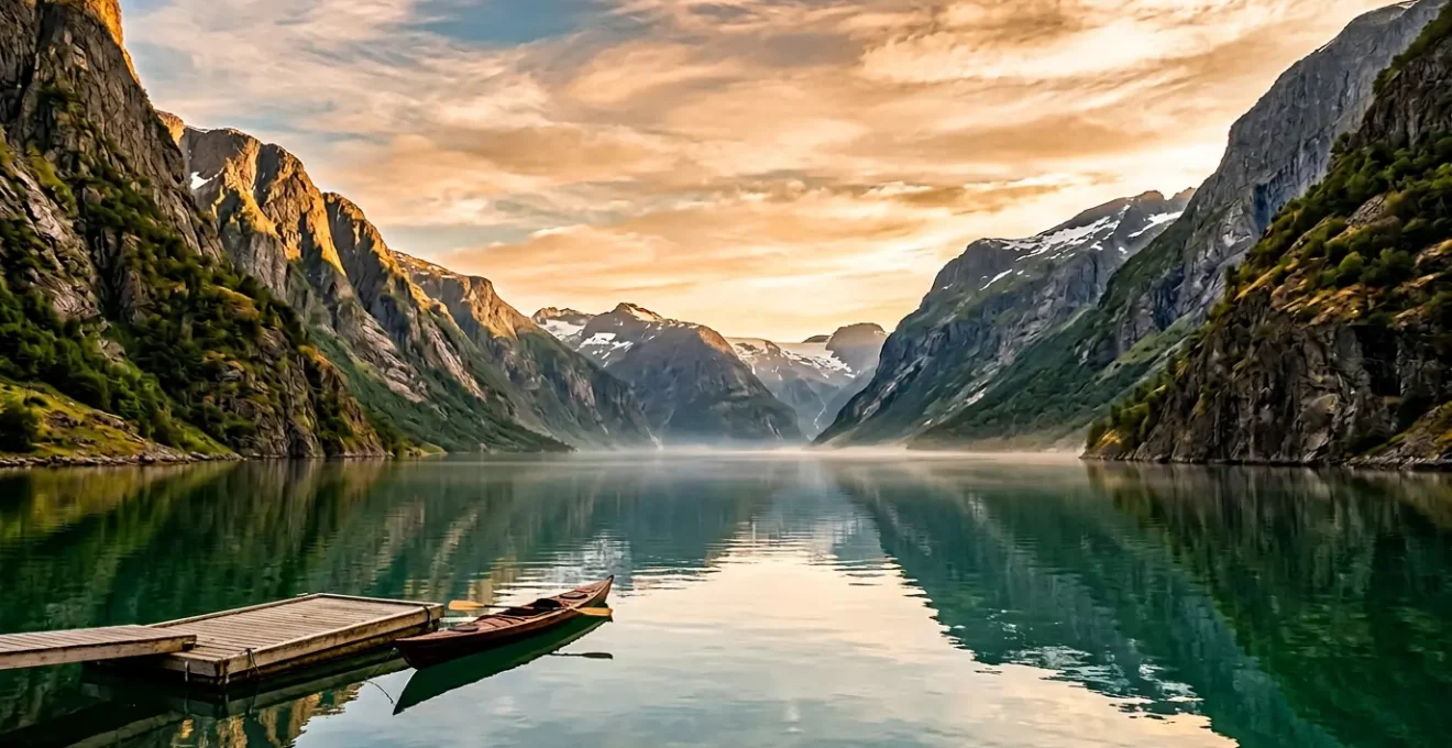 Einsamer Fjord in Norwegen mit steilen Bergwänden und ruhigem Wasser bei goldenem Licht
