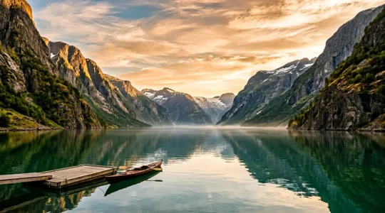 Einsamer Fjord in Norwegen mit steilen Bergwänden und ruhigem Wasser bei goldenem Licht
