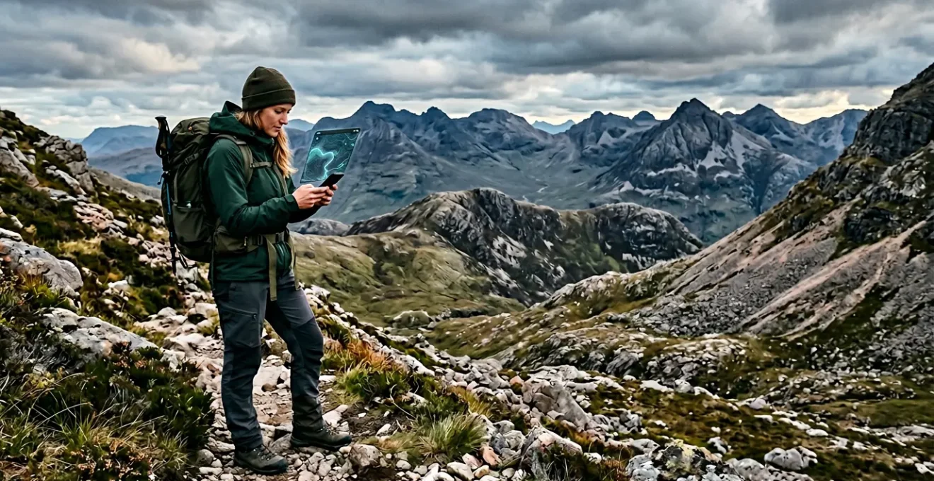 Reisende nutzt Offline-Karte auf Smartphone in entlegener Berglandschaft ohne Internetverbindung