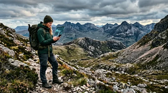 Reisende nutzt Offline-Karte auf Smartphone in entlegener Berglandschaft ohne Internetverbindung