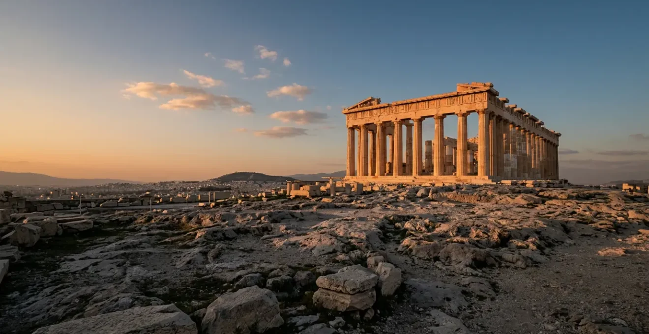 Parthenon auf der Akropolis bei Sonnenuntergang mit warmem Licht und leerer Umgebung