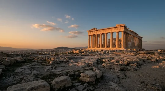 Parthenon auf der Akropolis bei Sonnenuntergang mit warmem Licht und leerer Umgebung