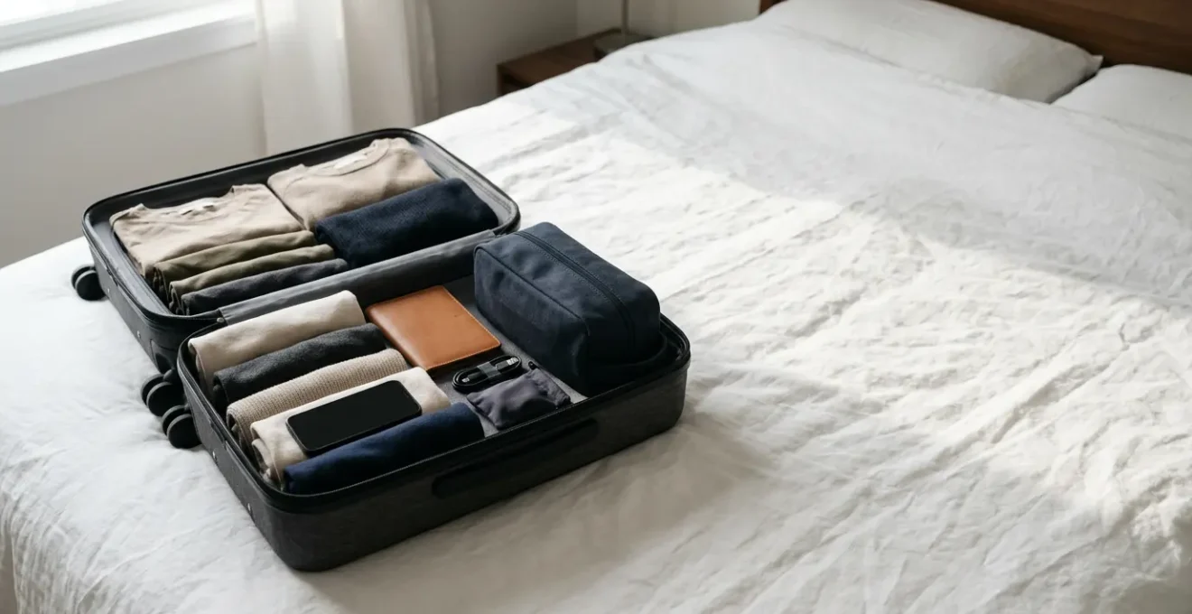 Offener Reisekoffer auf Bett mit geordneten Reiseutensilien und Checkliste