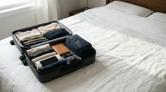Offener Reisekoffer auf Bett mit geordneten Reiseutensilien und Checkliste