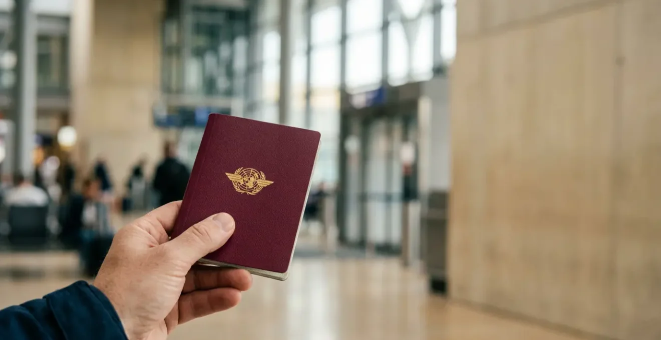 Nahaufnahme eines bordeauxroten deutschen Reisepasses mit biometrischem Chip-Symbol, gehalten von einer Hand, im Hintergrund unscharfe Flughafenumgebung