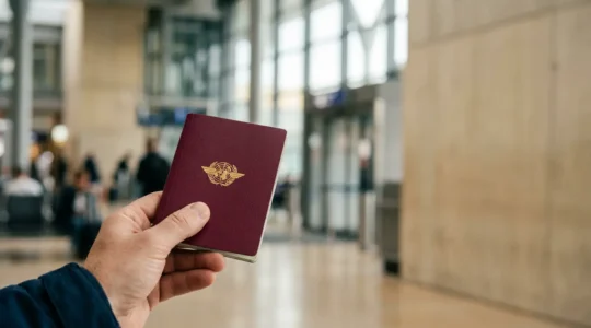 Nahaufnahme eines bordeauxroten deutschen Reisepasses mit biometrischem Chip-Symbol, gehalten von einer Hand, im Hintergrund unscharfe Flughafenumgebung