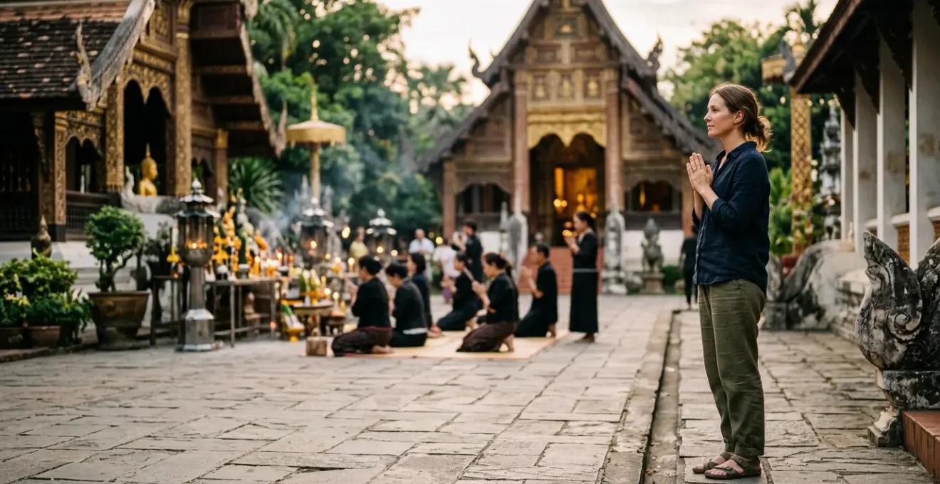 Besucher in traditioneller Kleidung beobachtet respektvoll eine religiöse Zeremonie in einem asiatischen Tempel