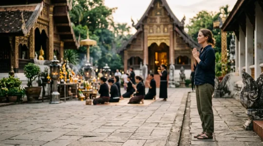Besucher in traditioneller Kleidung beobachtet respektvoll eine religiöse Zeremonie in einem asiatischen Tempel