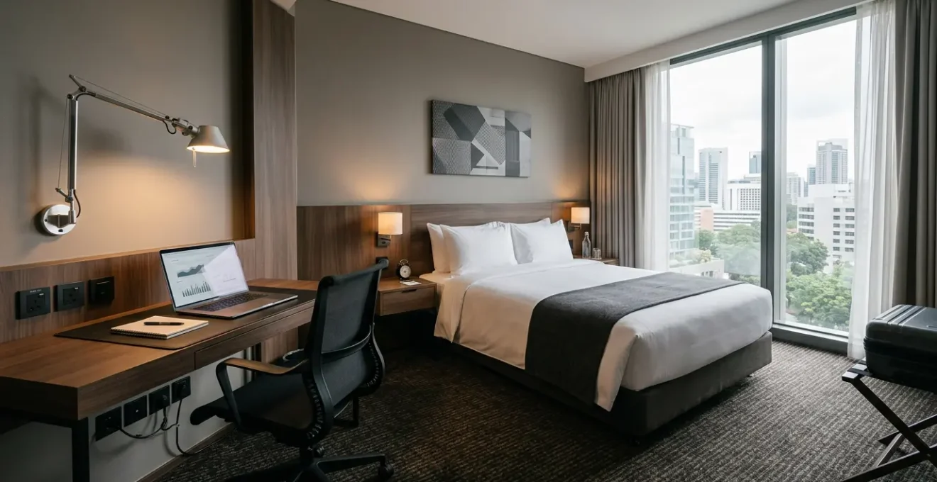 Modernes standardisiertes Hotelzimmer für Geschäftsreisende mit ergonomischem Arbeitsbereich