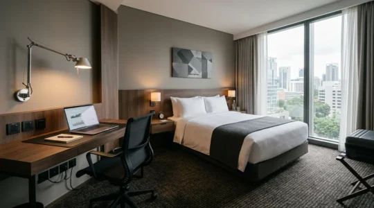 Modernes standardisiertes Hotelzimmer für Geschäftsreisende mit ergonomischem Arbeitsbereich