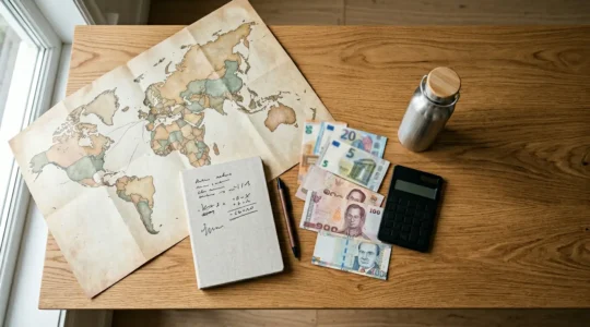 Detaillierte Reisebudgetplanung mit Weltkarte und Finanzunterlagen für sechsmonatige Weltreise