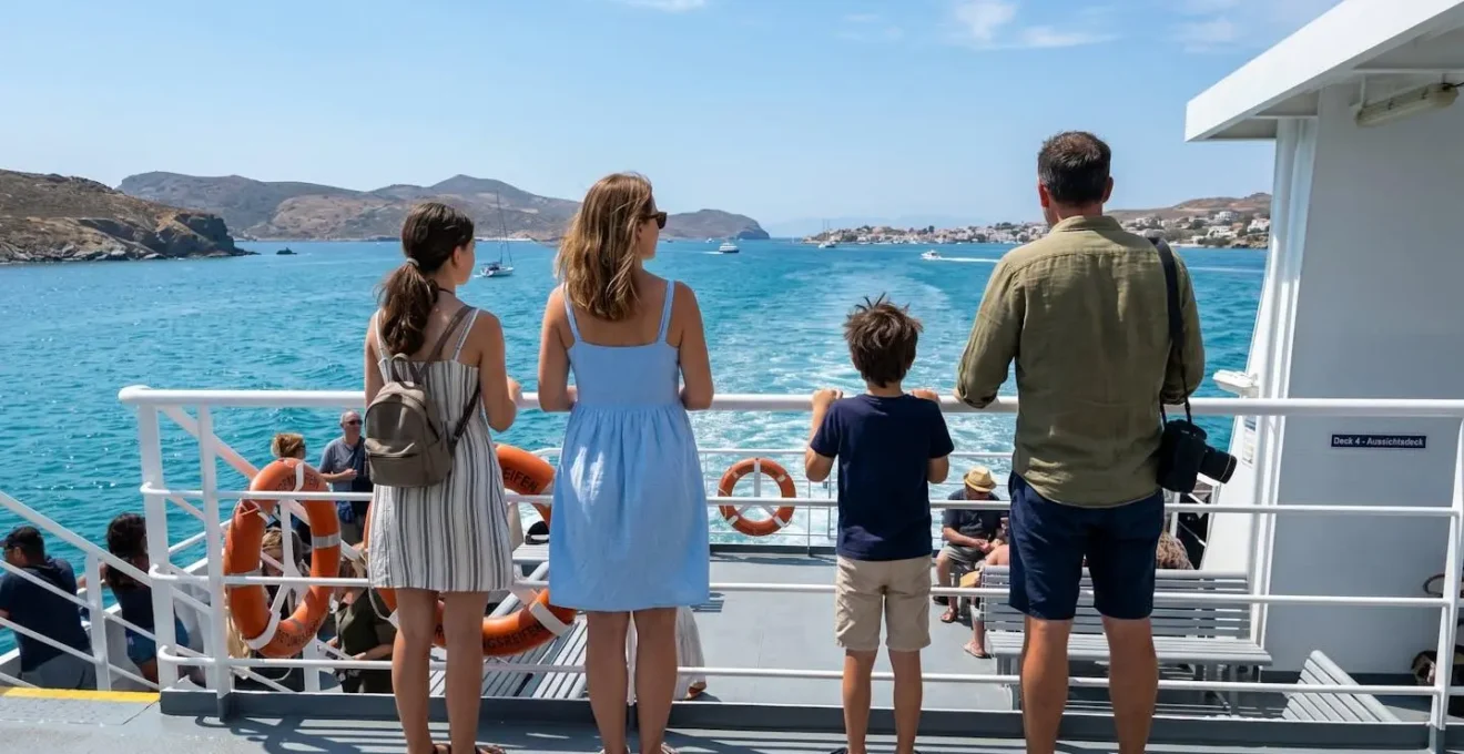 Eine Familie mit zwei Kindern steht an der Reling einer modernen Fähre und blickt auf das sonnige Mittelmeer, Rückenansicht bei natürlichem Tageslicht