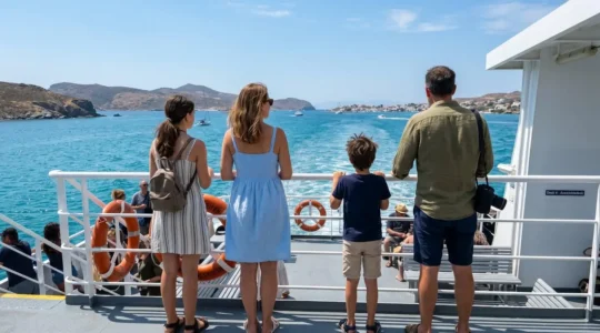 Eine Familie mit zwei Kindern steht an der Reling einer modernen Fähre und blickt auf das sonnige Mittelmeer, Rückenansicht bei natürlichem Tageslicht