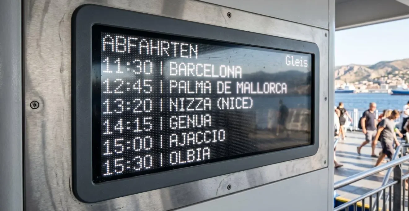 Nahaufnahme einer digitalen Anzeigetafel an Bord einer modernen Fähre mit mediterranen Zielen, scharfe Textur und klare Oberfläche