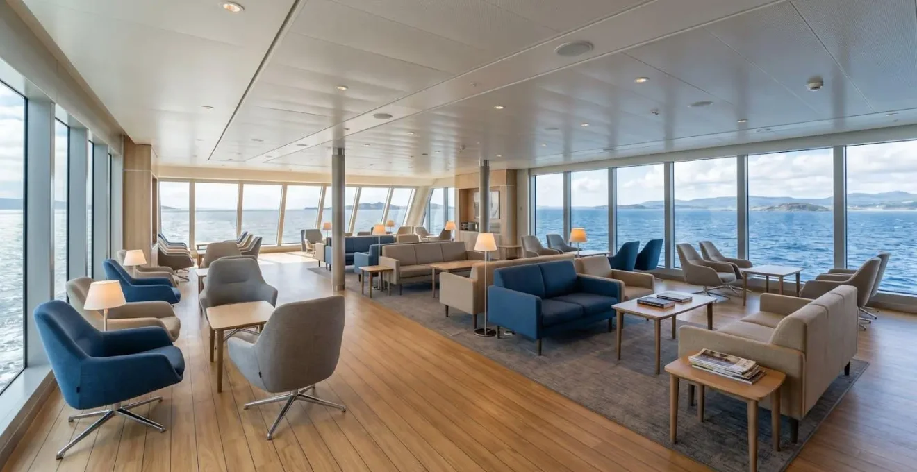 Weitwinkelaufnahme eines hellen, modernen Passagierbereichs auf einer Fähre mit grossen Panoramafenstern und bequemen Sitzen, keine Personen im Vordergrund