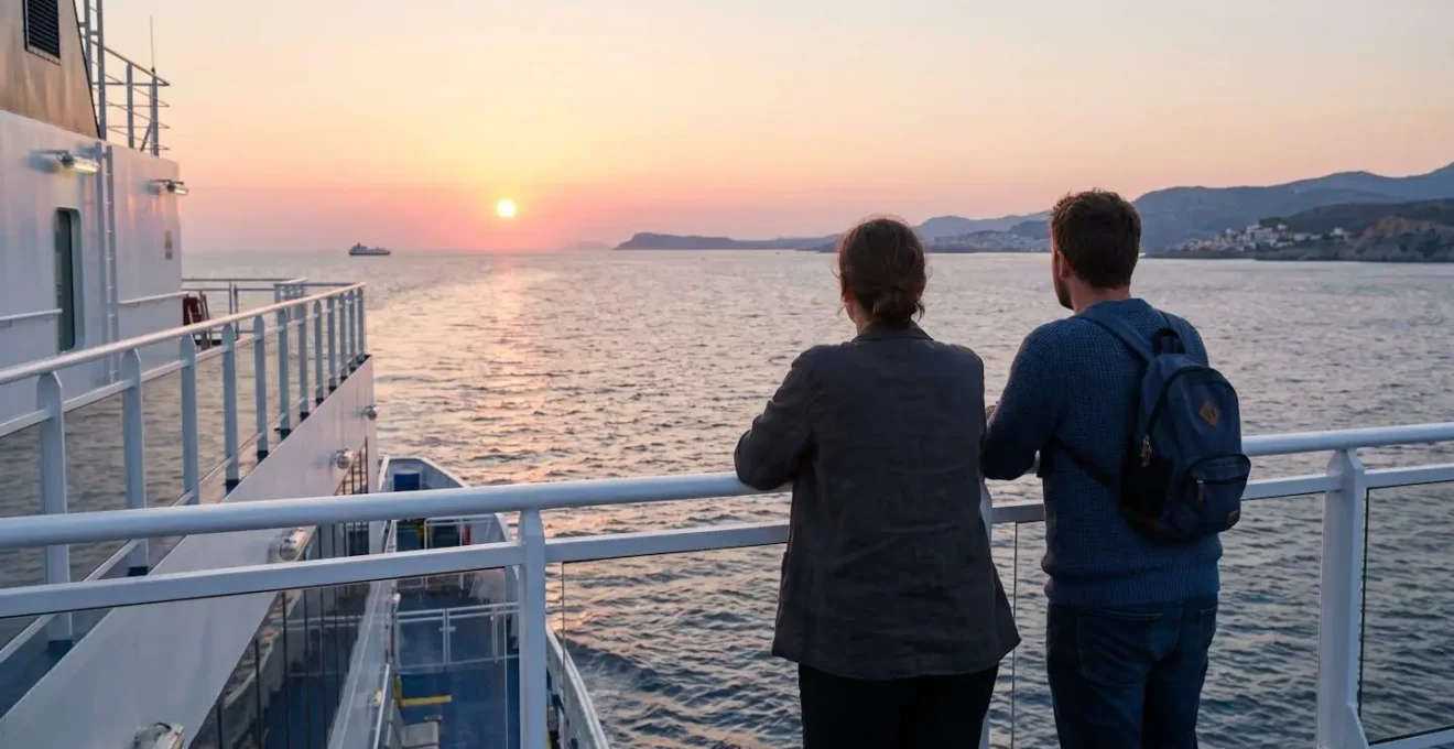 Ein Paar steht am Geländer eines modernen Fährendecks und blickt auf das abendliche Mittelmeer, Rückenansicht in entspannter Haltung