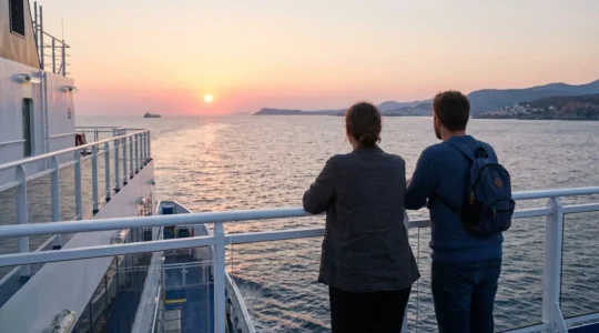 Ein Paar steht am Geländer eines modernen Fährendecks und blickt auf das abendliche Mittelmeer, Rückenansicht in entspannter Haltung