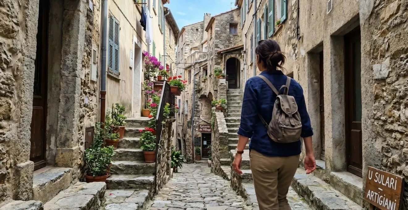Medium shot einer Person von hinten, die eine schmale, authentische Gasse in einem korsischen Bergdorf erkundet