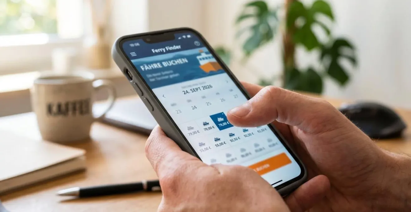 Nahaufnahme von Händen, die ein Smartphone mit einer Fährbuchungs-App halten, auf dem Bildschirm sind Kalender und Preise sichtbar aber unscharf